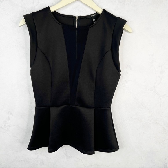 [F21] Black Mesh V-Neck Peplum Top - Picture 1 of 2